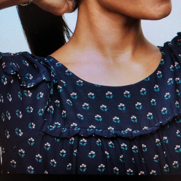 Ann Taylor LOFT Budding Ruffle Trim Navy Top - Picture 3 of 6